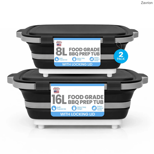 2 Pack Collapsible BBQ Prep Tub with Cutting Board & Lid, 8L+16L