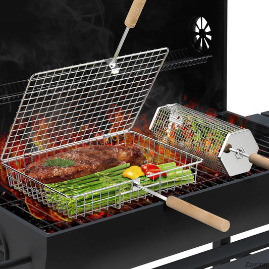 2-Piece BBQ Grill Basket Set with Wooden Handle
